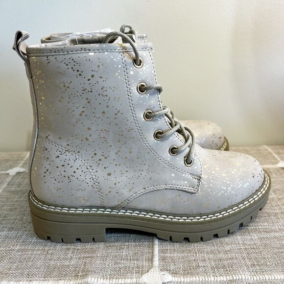 MIA Girl Cammy Combat Boots Beige Gold Paint Splatter NEW Girls Sz 3 Side Zip - Picture 1 of 9